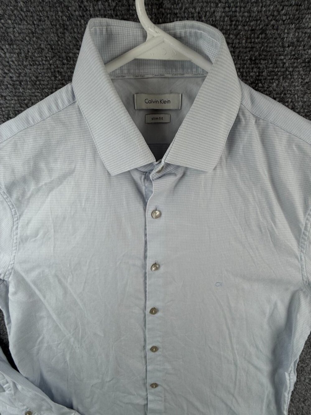Calvin Klein Button Up Shirt Men Slim Fit 15.75 (40) Blue Check Long Sleeve Logo